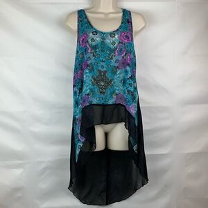 Ali & Kris black & floral print sheer high low top